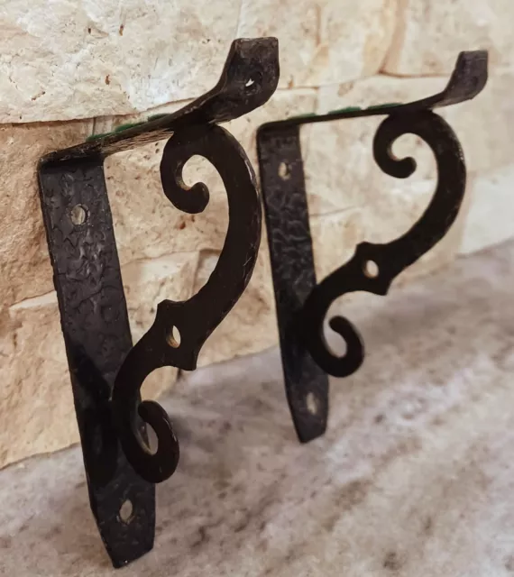 Pair of Vintage Black Shelf Brackets Hammered Metal