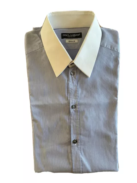 Camicia Azzurra A Righe DOLCE & GABBANA  Gold Colletto Bianco Tg.41 Slim Fit