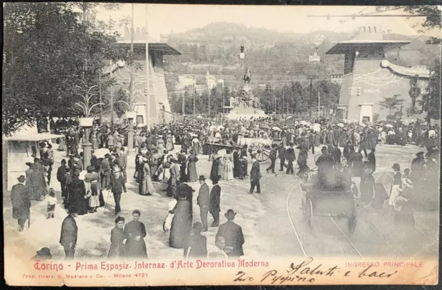 Cartolina Torino - Esposizione Arte Decorativa. Ingresso / FP - Viaggiata 1902