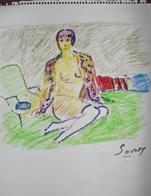 Robert savary - Dibujo Original Firmado - El Mujer Con Abrigo, Desnudo