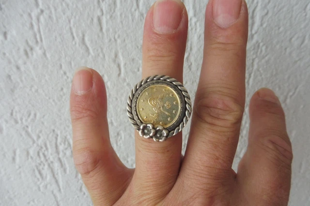 Bellissima, vecchio Anello, 925 Argento Con Dorato Moneta, Turchia
