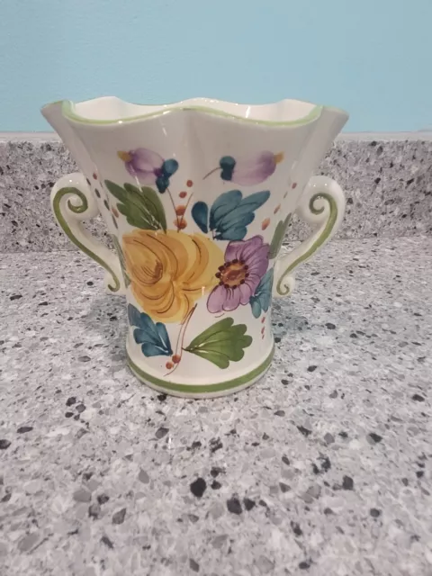 Ceramic "Ftd" Vase   Floral Design   5.5" Tall  Hand Painted In Portugal