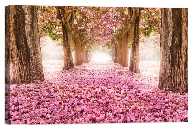 Stampa su Tela Vernice Effetto Pennellate bosco fiori rosa alberi