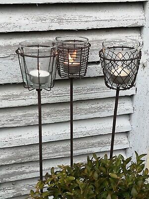 Rusty Wire Garden Tea Light Stake / Outdoor Glass Spike Garden Candle Holder