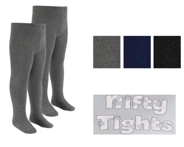 New Kids Girls Black Grey Navy Cotton Rich Tights Twin Pack Sizes 2-13 Years