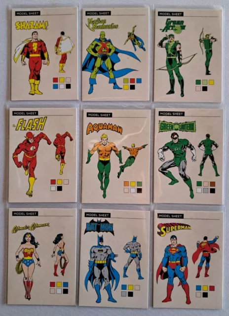 2016 Justice League (Cryptozoic) - Complete Set of 9 Model Sheet Inserts !