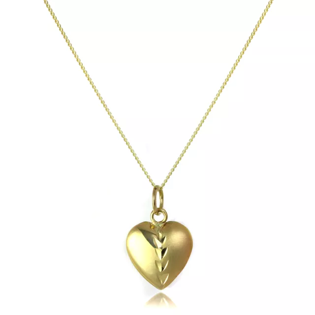 9ct Gold Puffed Heart Matt & Polished Pendant Necklace Diamond Cut Curb Chain