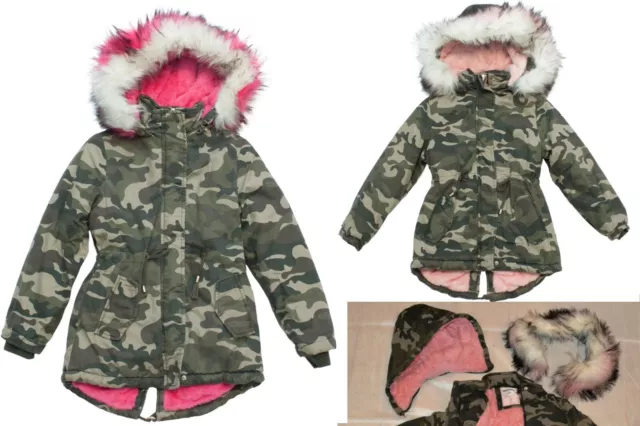 Bambini Giacca con Cappuccio Parka Mimetico Ragazza Army collo Pelliccia SK1822