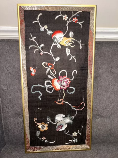 Vintage Chinese Silk Thread Fine Embroidery on Silk Framed Flowers 22.5”x11”