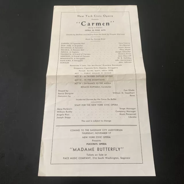 Vintage New York Civic Opera Carmen Program - Saginaw City Auditorium