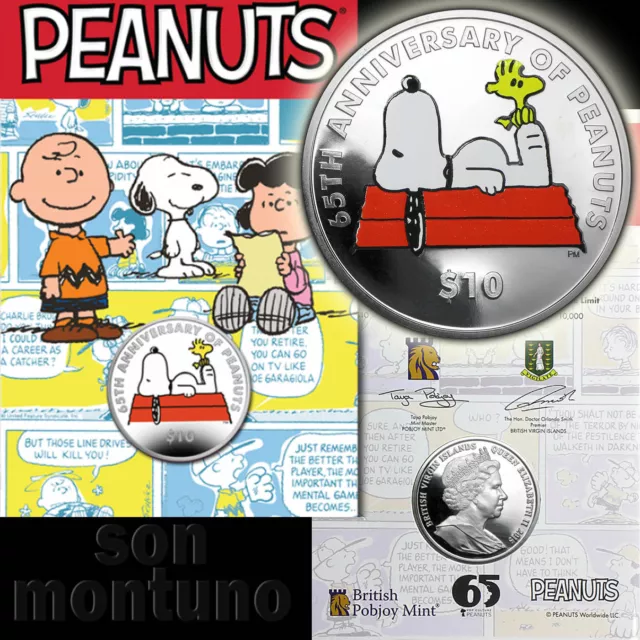 65TH ANNIVERSARY OF PEANUTS - $10 Silver Coin 2015 British Virgin Islands SNOOPY