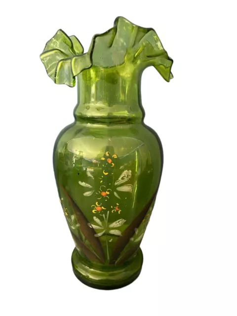 Vintage Art Glass Vase Hand Blown Hand Painted Ruffled Top Gorgeous Green Vase