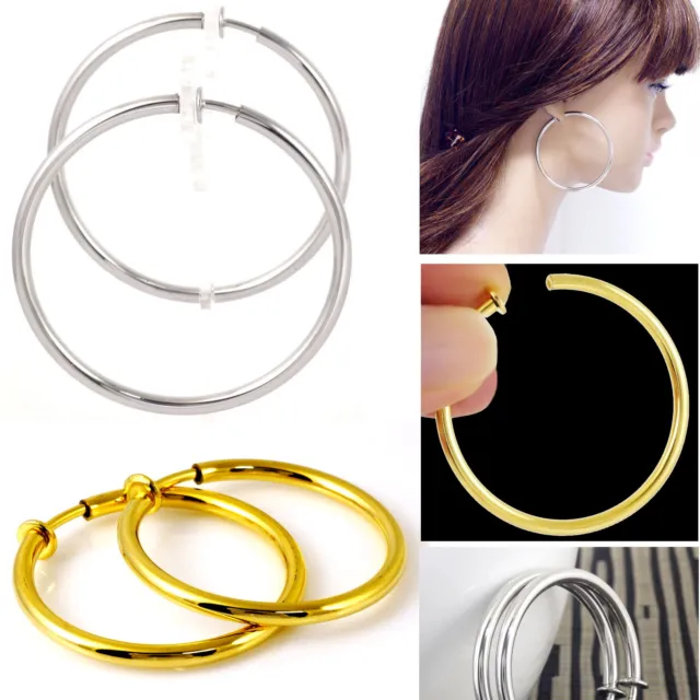 #E121F Pair CLIP ON Thick Tube Hoop EARRINGS look like pierced Spring Big Small