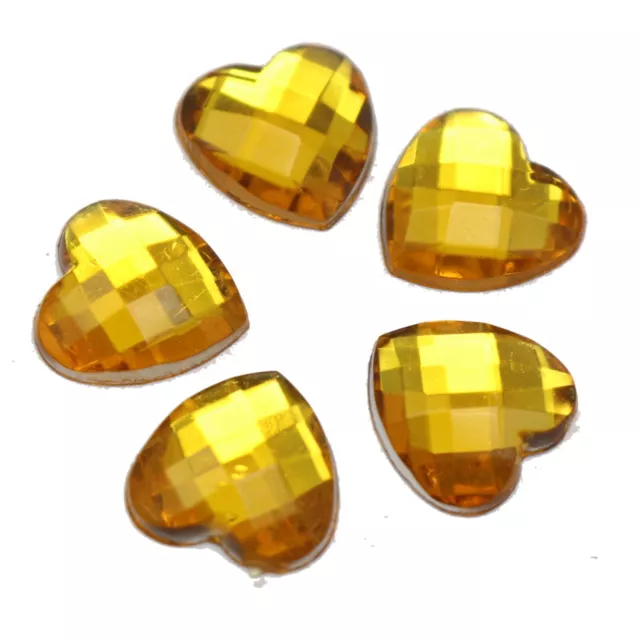 100 Gold Acrylic Faceted Heart Flatback Rhinestone Gems 12X12mm No Hole