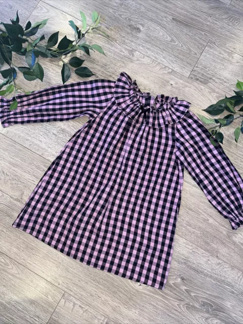 NEXT girls purple black check frill neck long sleeve dress age 4-5