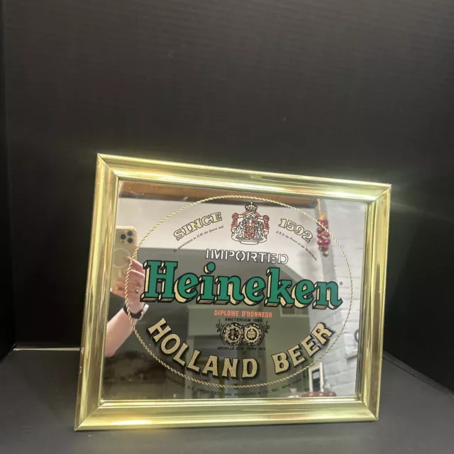 Heineken Vintage Gold Holland Beer Wall Bar Advertising Mirror Sign  17”x14”