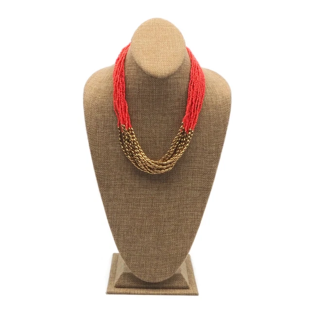 Charming Charlie Coral Seed Bead Gold Tone Rice Bead 13 Strand Fashion Necklace