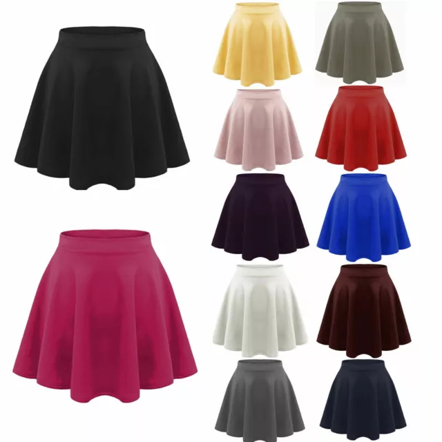 Kids Skater Skirt Girls High Waist Swing Flared Stretch School Mini Skirt 5-13