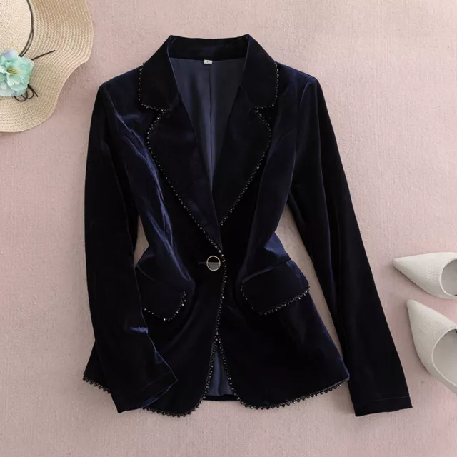 Women Elegant Beaded Velvet Lapel Collar Blazer Jacket Slim Fashion Suit Outwear