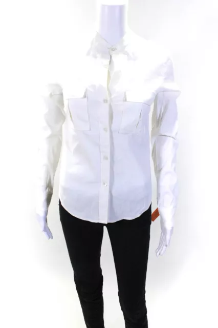 Theory  Womens Linen Buttoned-Up Round Neck Long Sleeve Top White Size S