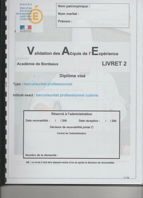 VAE Cuisine bac pro livret 2 validé économisez 650€ d'accompagnement