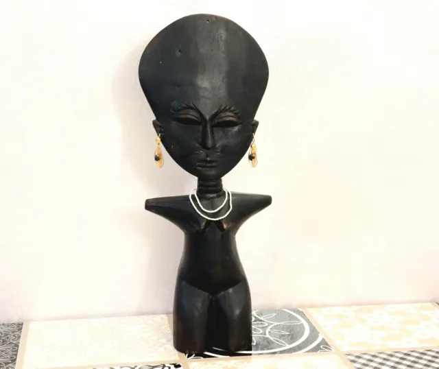 Statua Etnica Statuina Legno Nero Maschera Tribale Donna Africana Maya Fertilità