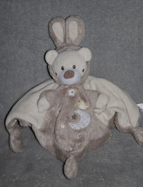 AUCHAN Doudou Plat Ours Déguisé Lapin Beige Marron Lune Oiseau Carré TTBE