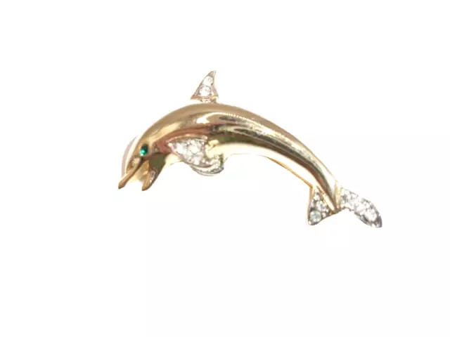 Dolphin Pin Brooch Green Rhinestone Eyes & Fins Gold Tone Metal Smiling Fish