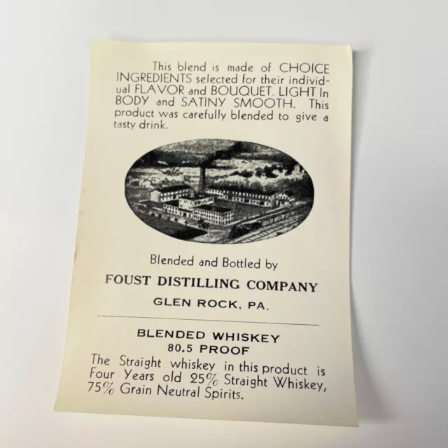 Foust Blended Whiskey Label Bottled by Foust Distilling 80.5 Proof Glen Rock PA