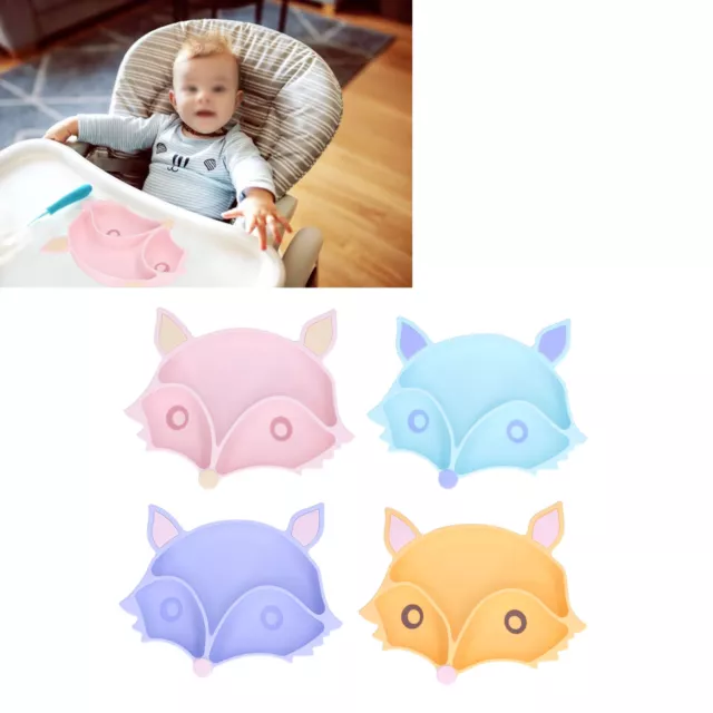 Baby Suction Plate Cute Fox Shape Non Toxic Safe 3 Dividers Non Slip Soft Silico