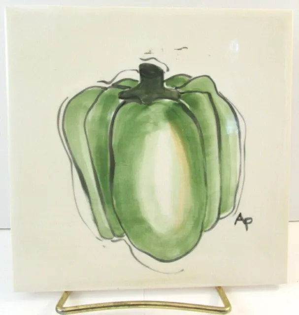 H&R Johnson England Hand Painted Vintage Tile 6x6 green bell pepper trivet