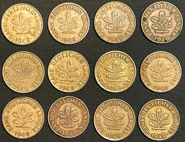 1949 Germany 10 Pfennig Brass Coin LOT OF 12 German Coins KM# 103 Europe Money