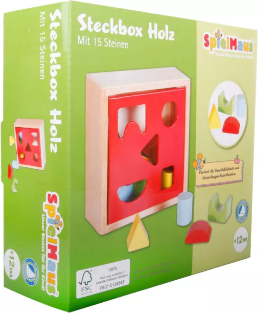 SpielMaus Holz Steckbox 15 Steine, ca. 16,5x16,5x6,5 cm, ab 12 Monaten