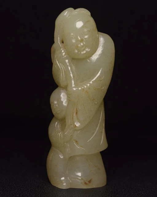 Chinese Antique Celadon Nephrite Hetian-OLD-Jade Statue pendants 2-children dy