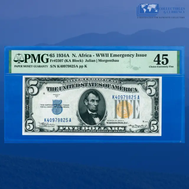 Fr.2307 1934A $5 Silver Certificate Yellow Seal "North Africa", PMG 45, #9825