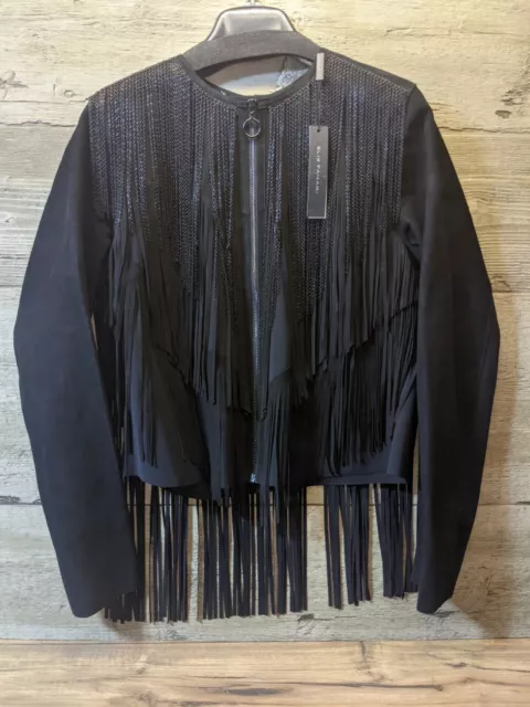 NWT Elie Tahari Paulina Fringe Black Leather Jacket Size Large