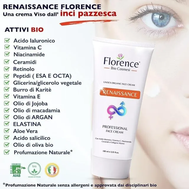 Florence 100 ml. Bio Crema Viso Acido Ialuronico Antirughe, Antietà