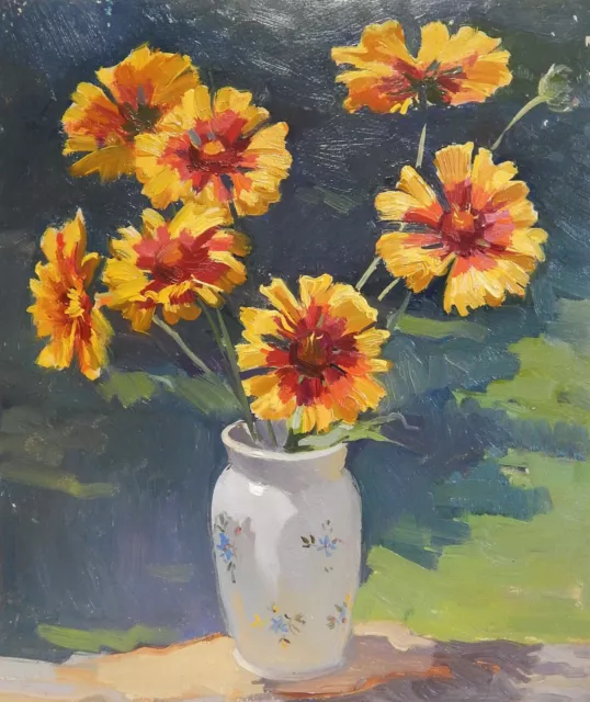Vintage Floral Still Life with Flowers Original Oil Painting Soviet Artist 70s