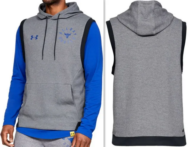 Under Armour UA Project Rock Double Knit Sleeveless Hoodie Men Fitness Top Steel