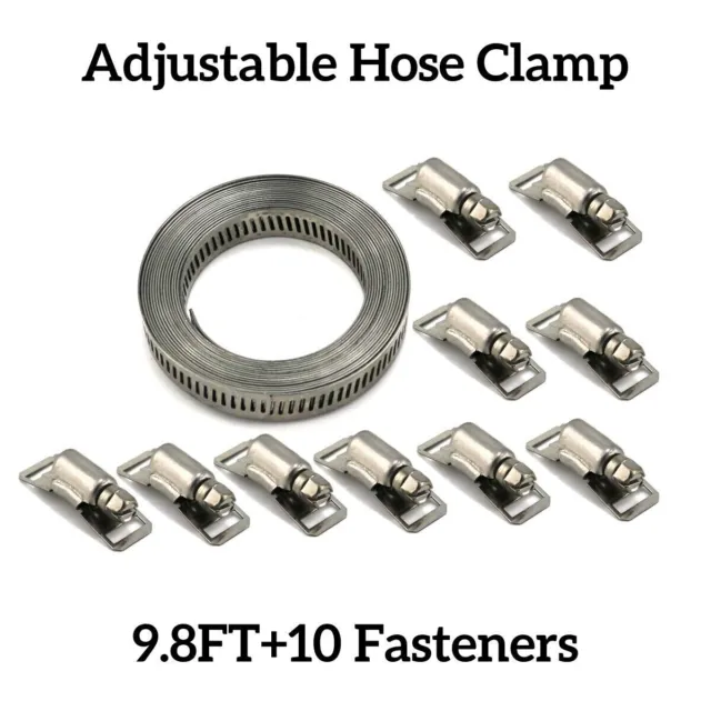 9.8FT Adjustable Hose Clamps+10 Fasteners Kit Stainless Steel Hose Clamp Set