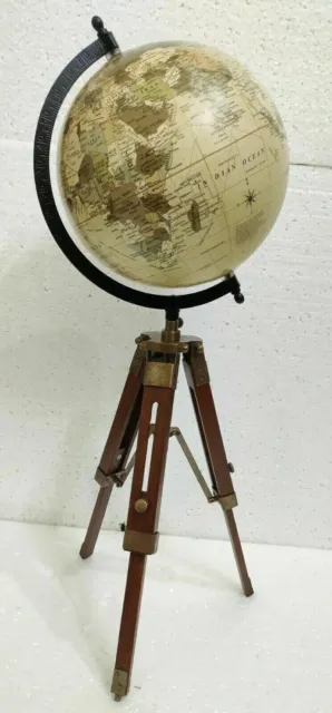 Antique Nautical World Map Table GLOBE ORNAMENT With Wooden Tripod Stand
