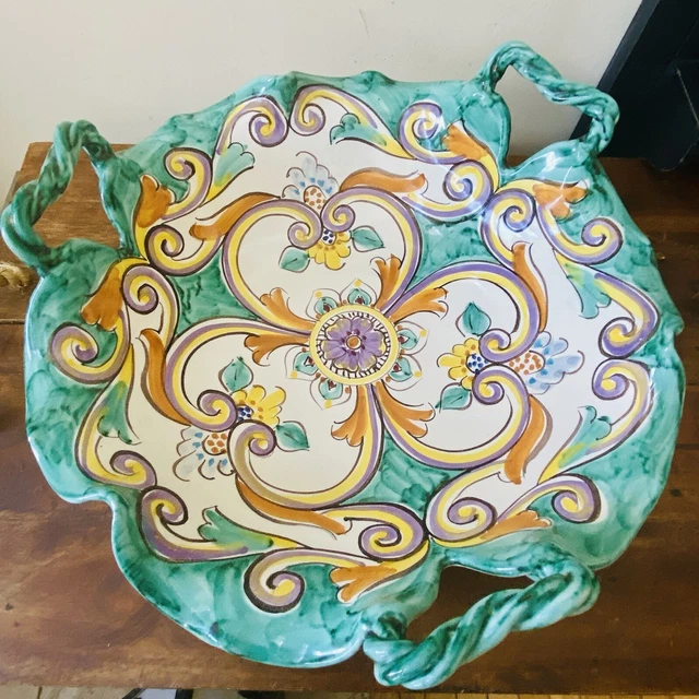 Vintage Italian Ravello Majolica Art Pottery 3-Handled Serving Bowl 14.5”W 2
