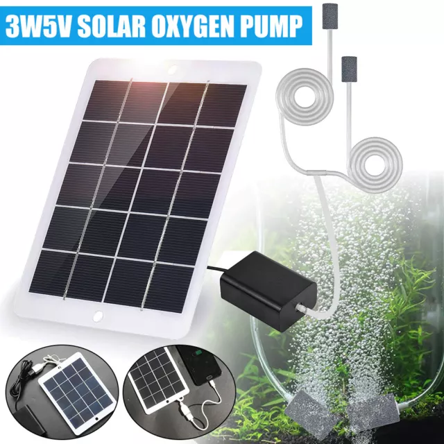 3W Solar Oxygenator Garden Pond Water Air Pump Fountain Aerator Tank 2 Air Stone