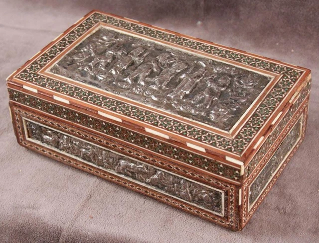 Antique Shiraz, Qajar Khatem Kari Silver on Inlaid Wood Box