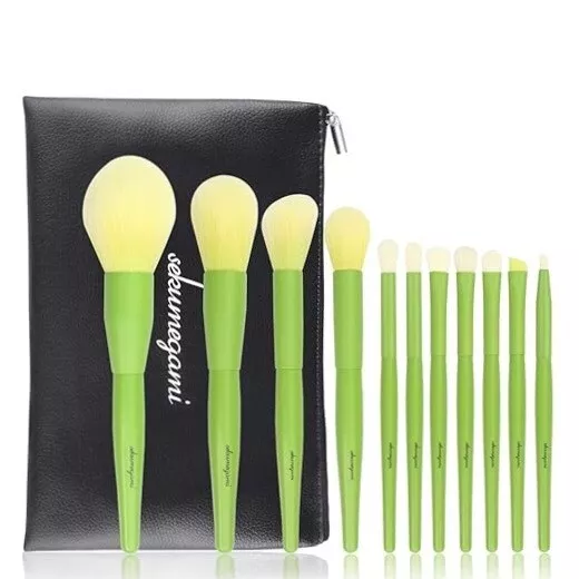 Makeup Pinsel Brush Set Echthaar Schminkpinsel Kosmetik Beutel Foundation grün