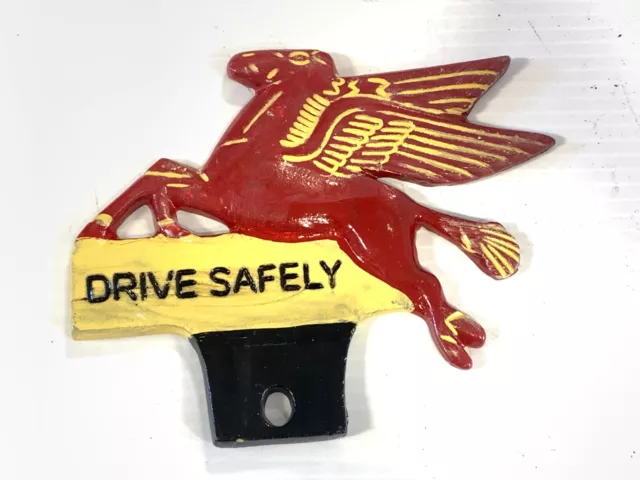 MOBIL Red Flying Horse Pegasus License Plate Topper "Drive Safely" Sign Holder