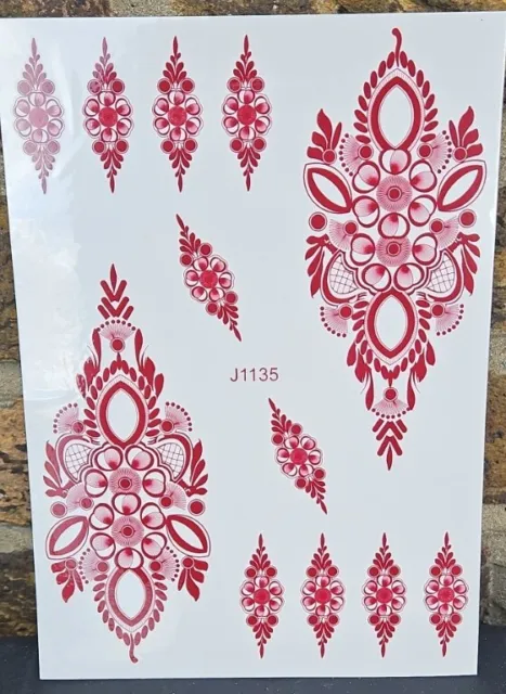 Arty Flower Indian Red Mehndi Henna Design Temporary Tattoo UK Seller FreeP&P