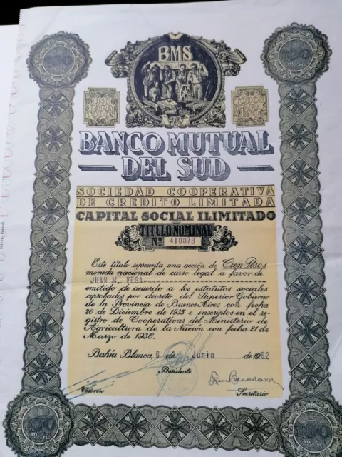 Azione Banco Mutual del Sud - Bahia Blanca 1962 - Certificato azionario antico