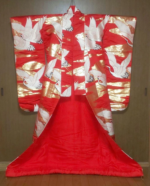 Japanese Kimono Uchikake Dress Crane Red Embroidery Luxurious #O081