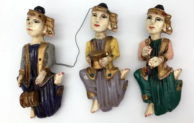 Set of 3  6 inch Burmese Painted Hand-Carved Wooden Temple Musician Figurines